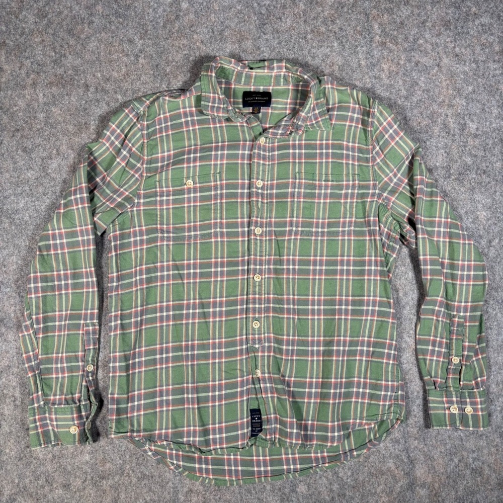 Lucky Brand‎ Button Down Shirt Mens L Green Plaid Long Sleeve Dual Pocket Cotton